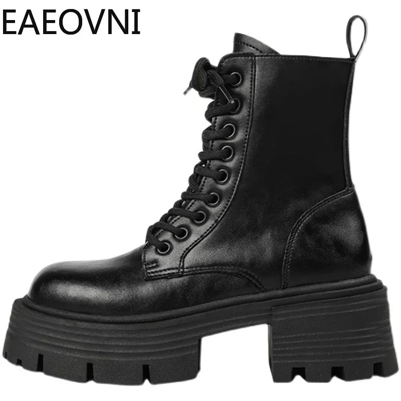 High Platform Womens Motorcycle Boot for Winter Fashion Lace Up Square Heel Short Booties Autumn Girls Shoes 241206