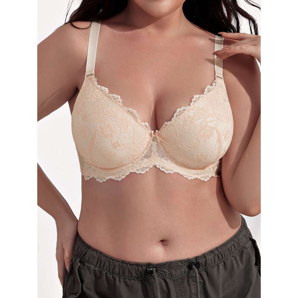 Women's Elegant Bra, Plus Size Bow Decorative Flower Lace Fan Edge Push Up Steel Rim Bra-K0570D