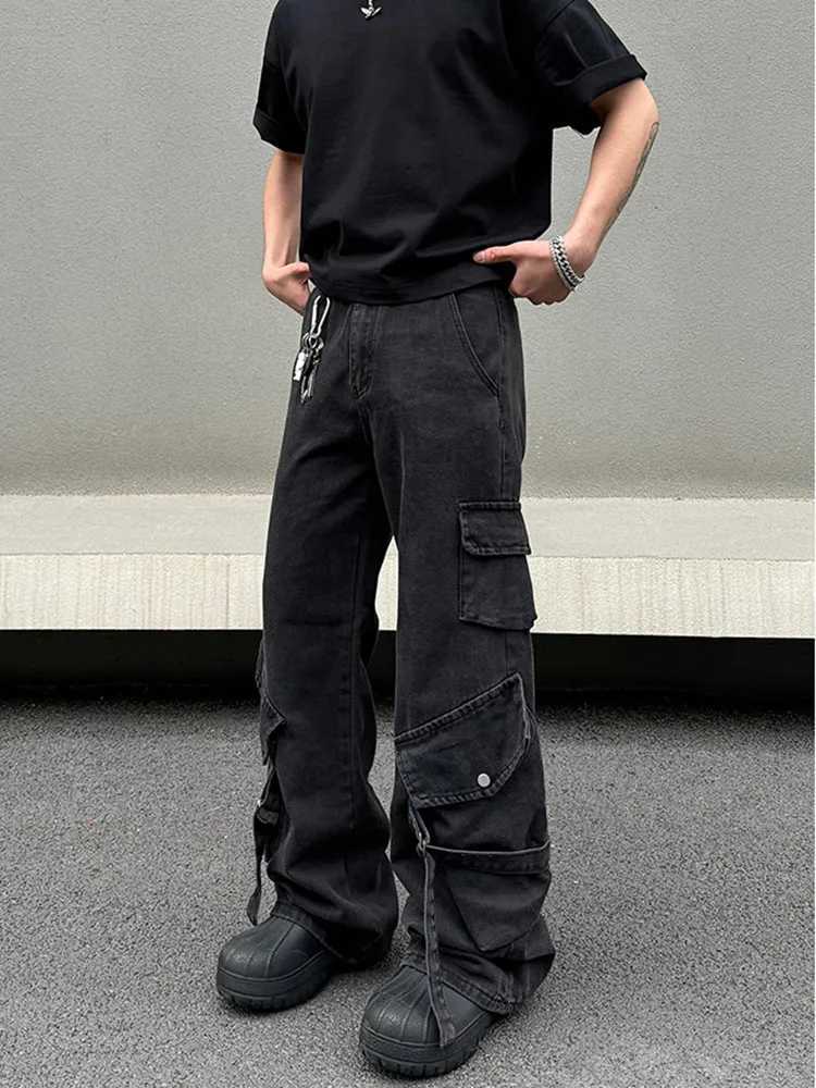 High Quality Cyber Y2K Streetwear Black Multi Pocket Jeans Mens Cargo Pants Designer Clothing Straight Trousers Pantalon Homme T241207
