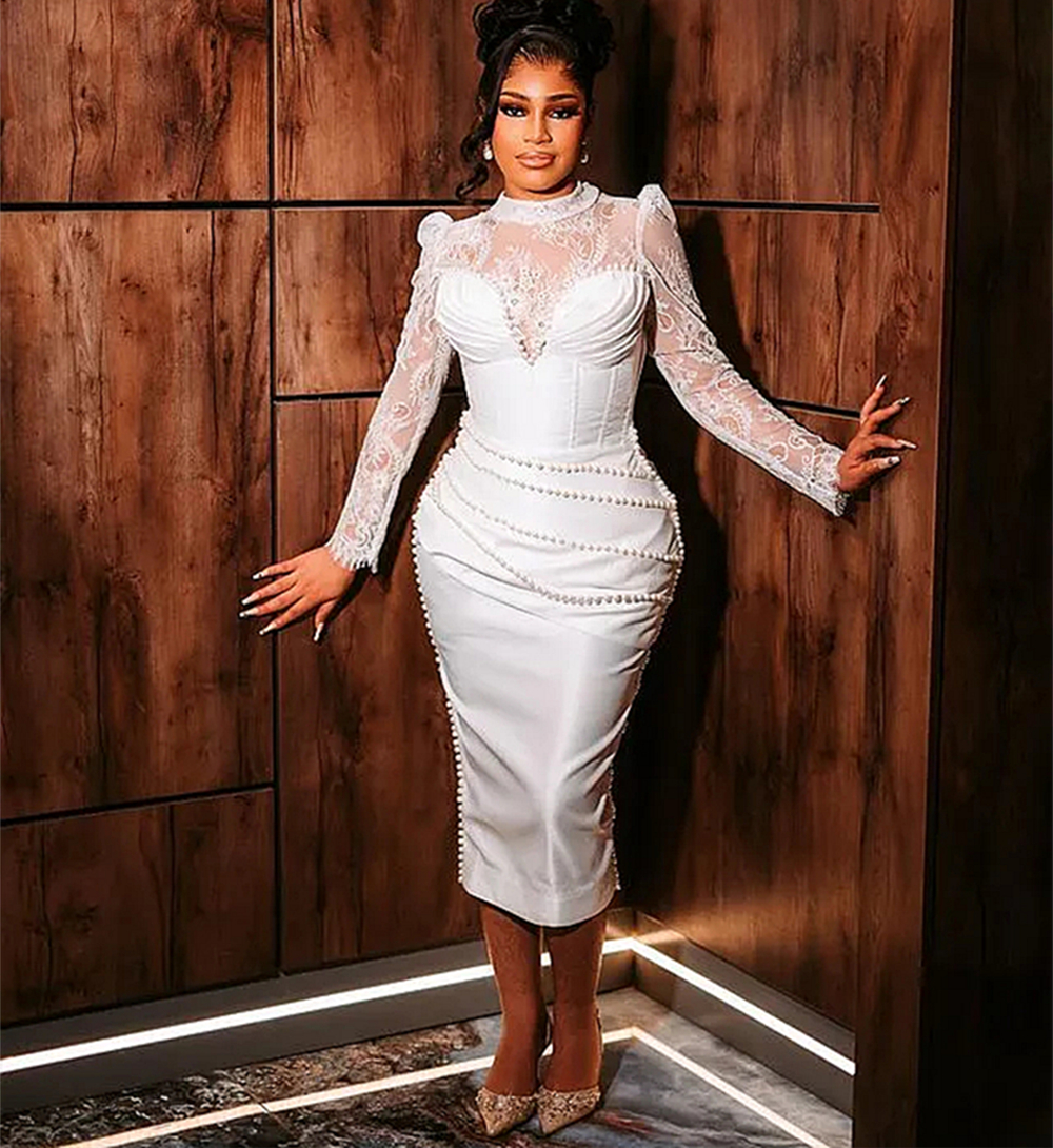 Elegant Tea Length Sheath Wedding Dress Pearls Beading Long Sleeves Ivory Lace Bridal Gowns 2025 Vintage Satin Bride Reception Dresses