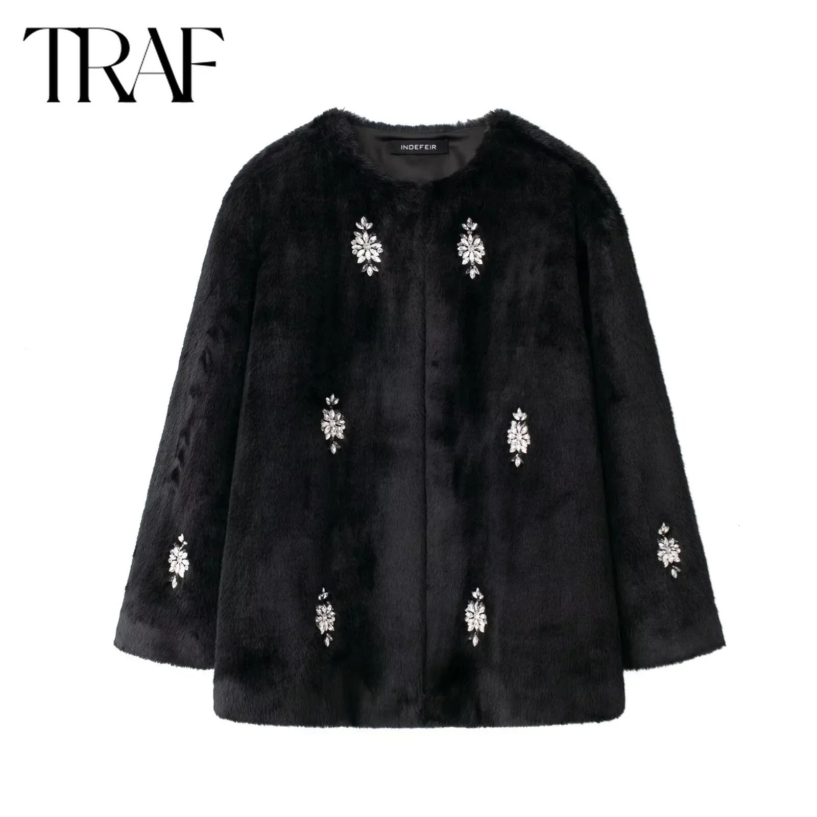 TRAF Womens Artificial Fur Coat Autumn/Winter Solid Long Sleeve Round Neck Fake Fur Warm Coat Fashion Womens Top 241202