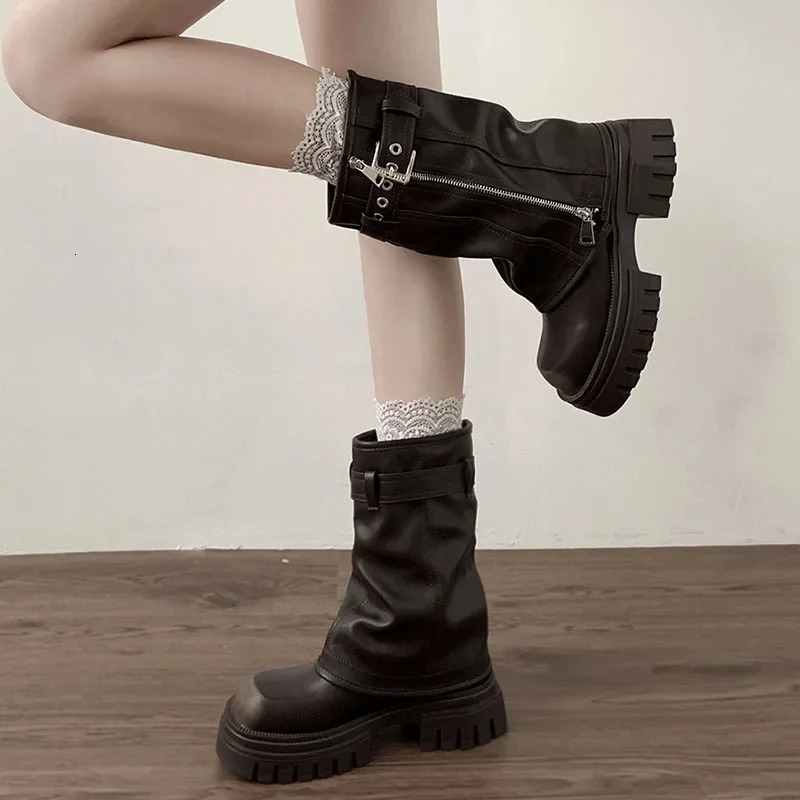 Winter Women Biker Boots Fashion Belt Buckle Ladies Elegant Platform Flats Short Booties Casual Womens Knight Booties 241206