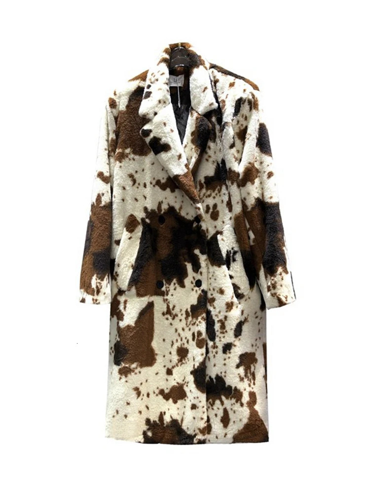 BZVW cow leopard print sheepskin wool coat womens lapel long sleeved contrasting loose coat winter item 25Z1332 241202