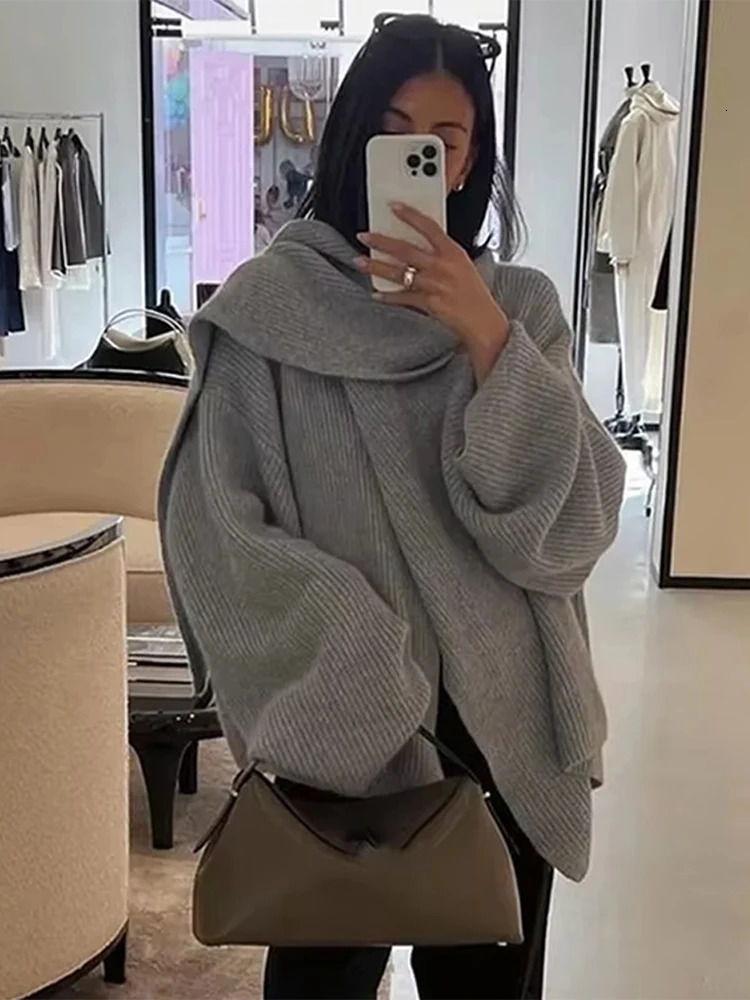 Elegant loose sweater with scarf womens solid full sleeves single chest O-neck womens pull-out fashionable loose womens knitted sweater 241205