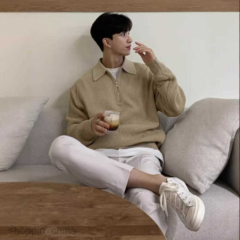 Men's Sweaters Korean Fashion Zipper Sweater Men Lapel Korean Fashion Casual Long Sleeve Solid Color Knitwear Top Coat Fashion