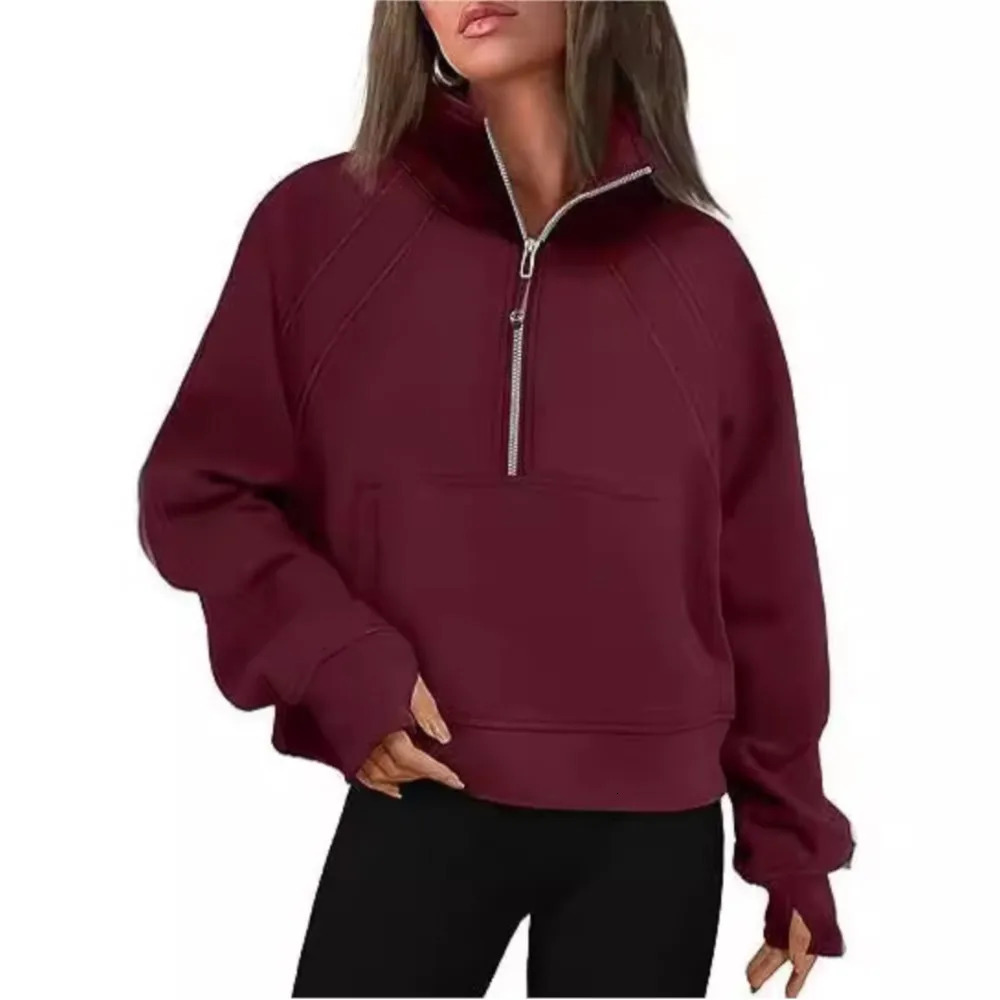 Stand Collar Casual Sweatshirts Half Zip Women Cropped Pullover Thumb Hole Overzised Hoodie Solid Color Plus Size Sports Outfit 241203