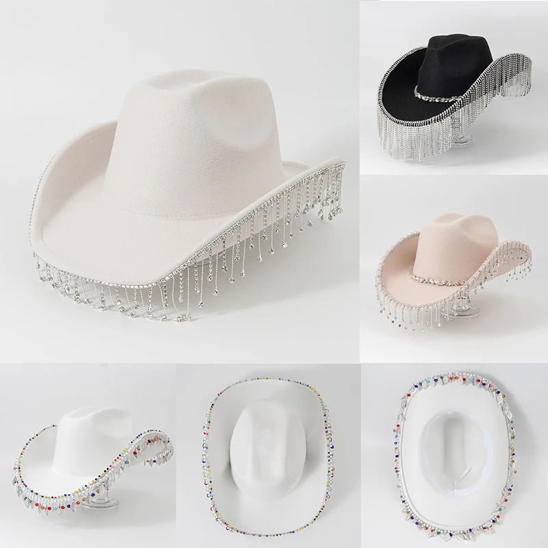 Cowboy hat rhinestone edge wedding party hat mens Fedoras hat feather letter party accessories cowboy hat 241206