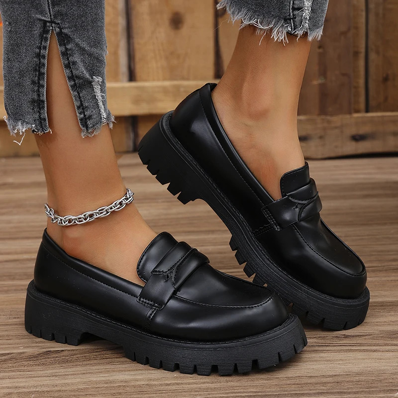 Rimocy Solid Color Platform Loafers Shoes for Women 2025 Spring Black Pu Leather Flat Comfortable Slip on Boat 241206