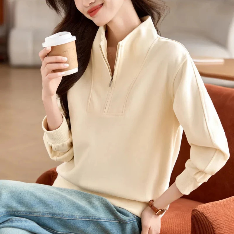 Hoodies Highneck Solid Color Zipper Lantern Long Sleeve Pullover Womens Clothing Casual Elegant Sports Office Lady Tops 241203