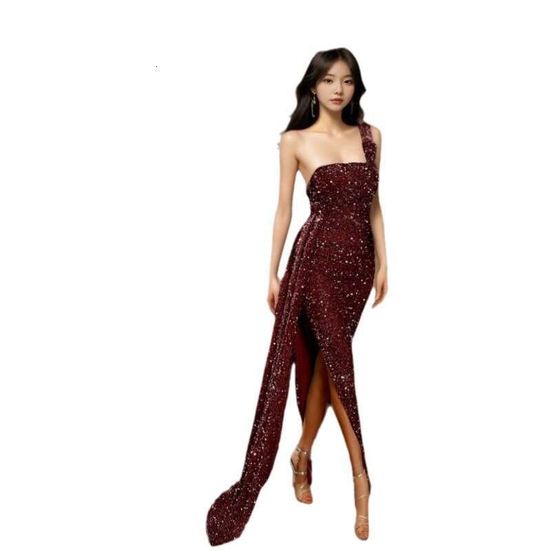 Women's Single Shoulder Sexy Heavy Industry Bead Ribbon Dance Evening Dress 2024 New Casual Versatile Fashion Clothing
