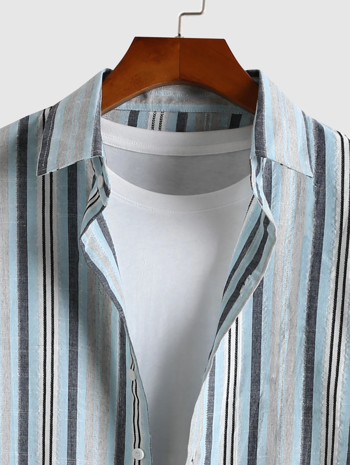 Mens striped pattern long sleeved button up front shirt 241206