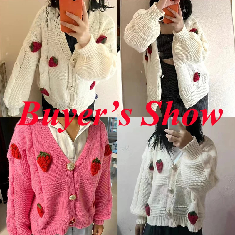Korean fashion pink strawberry womens sweater autumnwinter long sleeved knitted cardigan single chest jacket 241206