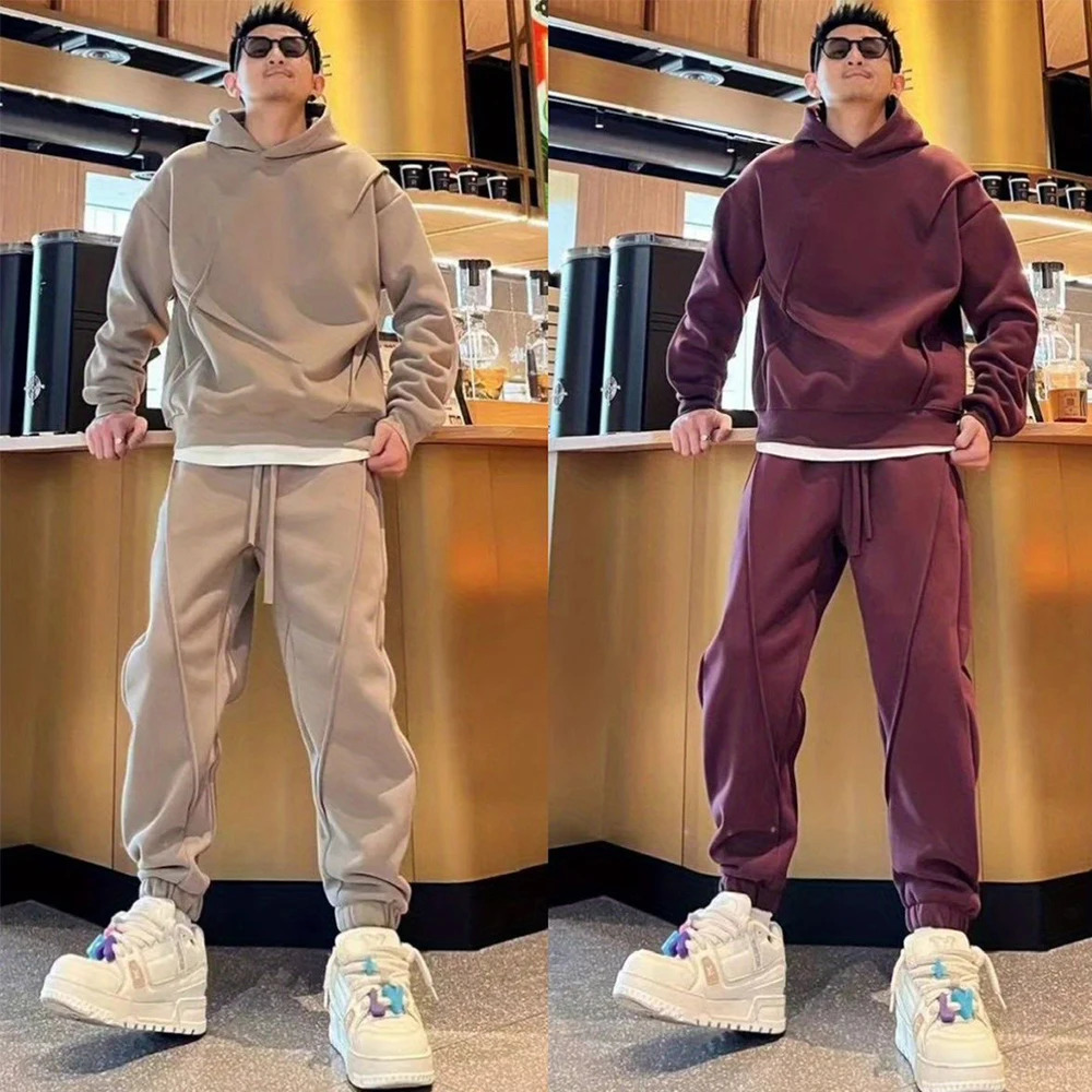 Mens autumn and winter hoodie sweater solid color set two-piece track set Y2K street mens wear 241205