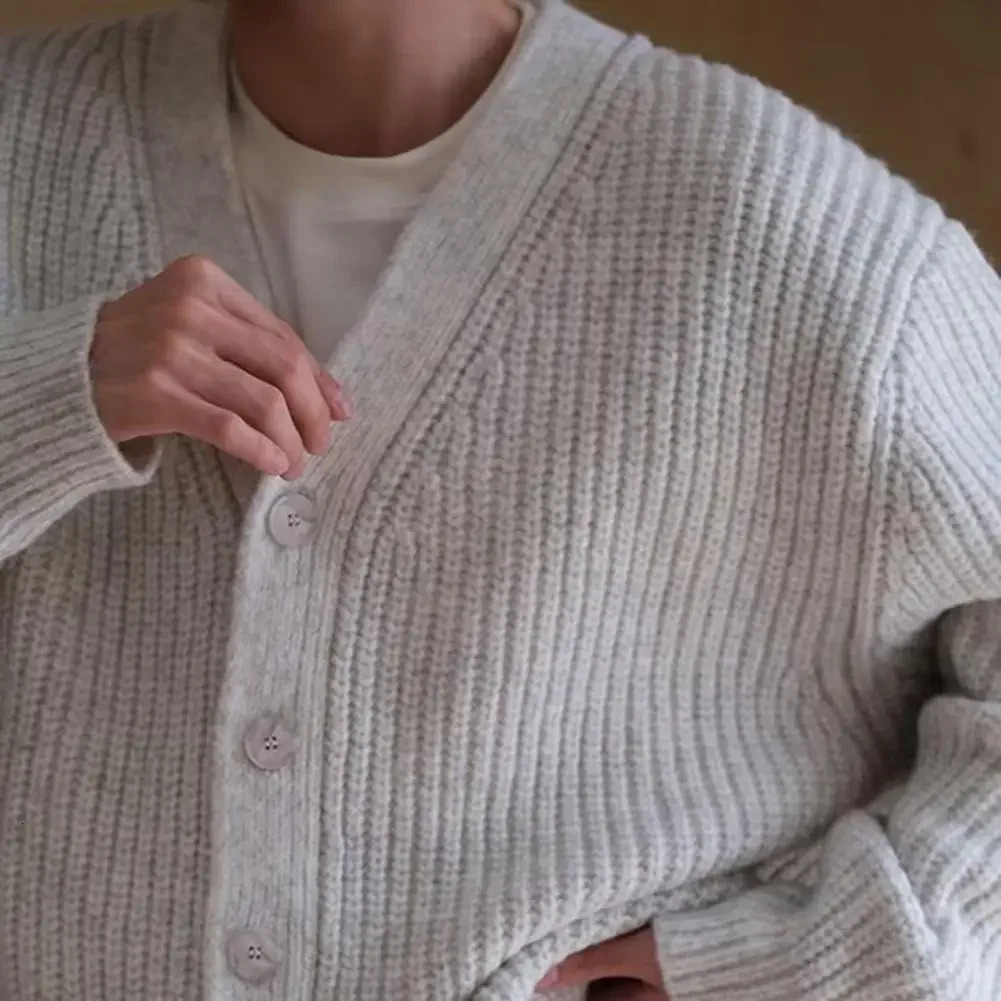 Winter and autumn mens cardigan sweater thick single breasted Vneck button knitted solid color elastic casual 241206