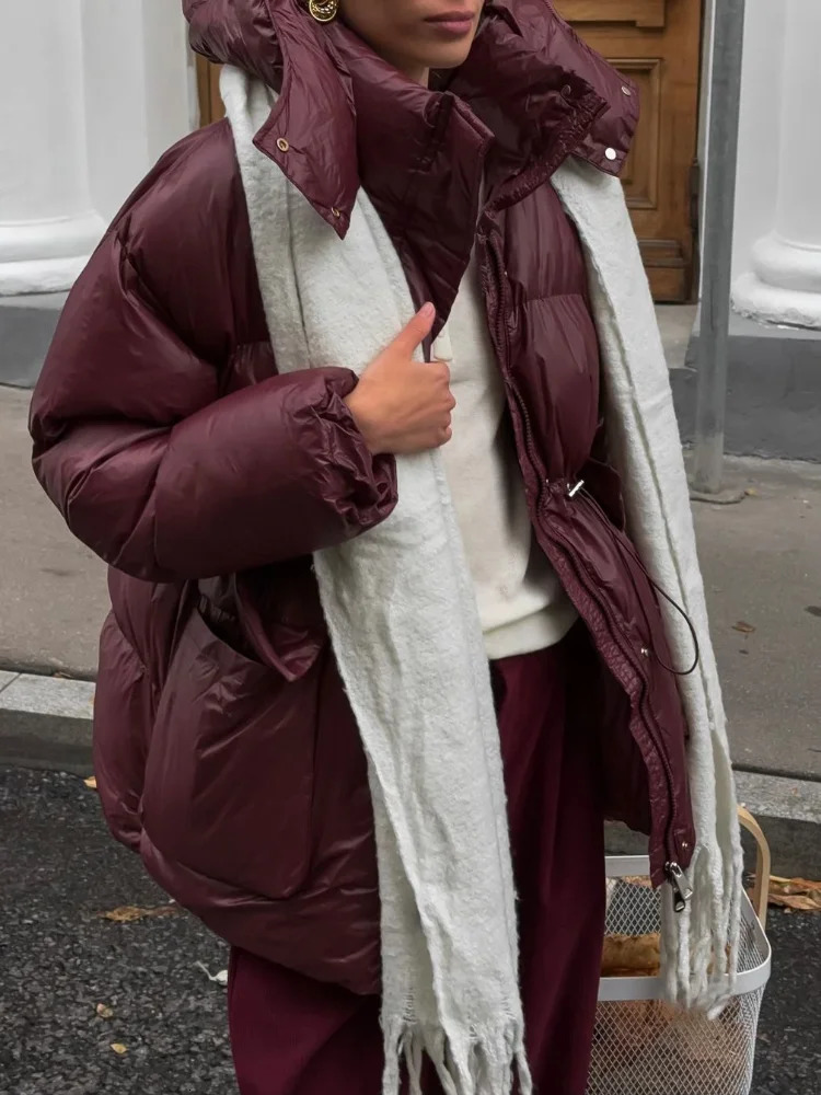 Winter Warm Brown Hooded Thick Cotton Jacket Womens Drawstring Pocket Quilted Jacket 2025 Fashion Leisure Street Jacket 241202
