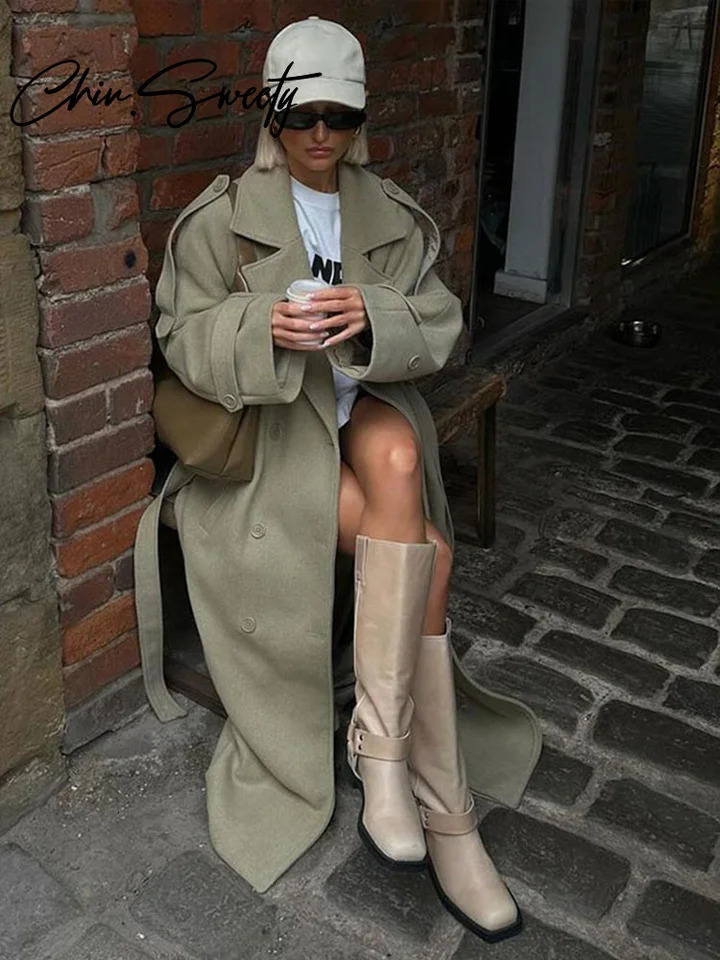 Casual Long Women Coat Urban Full Sleeve Double Breasted Belt Pocket Female Jacket 2024 Autumn Winter Elegant Lady Overcoat 241202