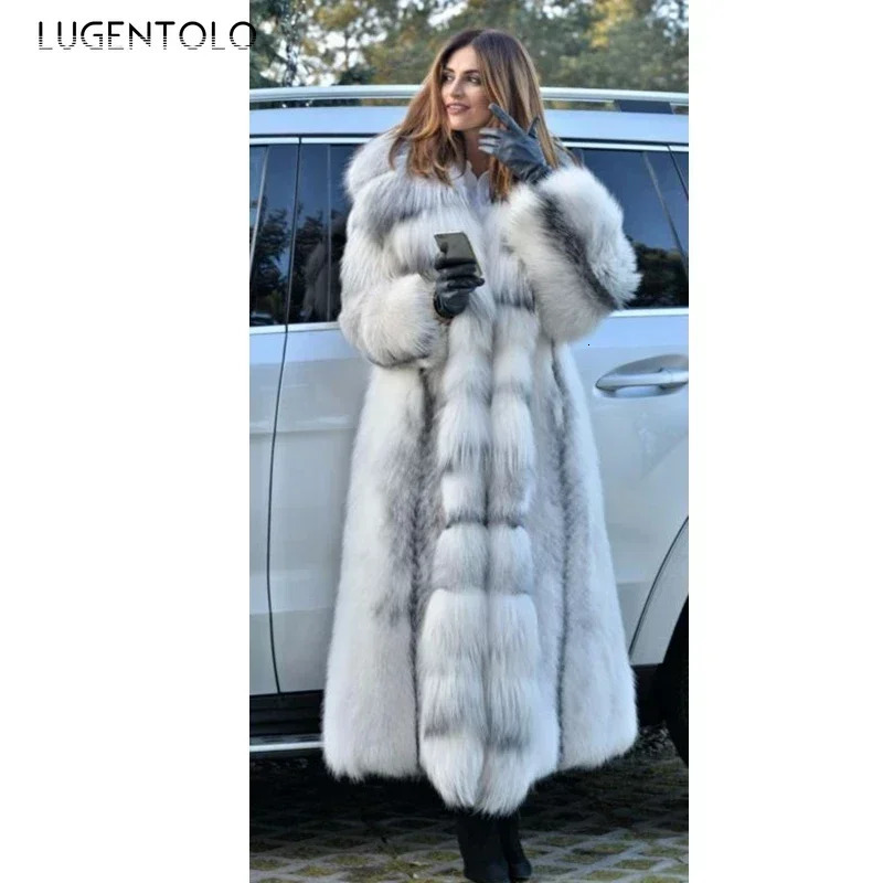 Womens faux fur coat for winter fashion and warmth X long size solid hooded loose seam 5XL elegant clothing 241202