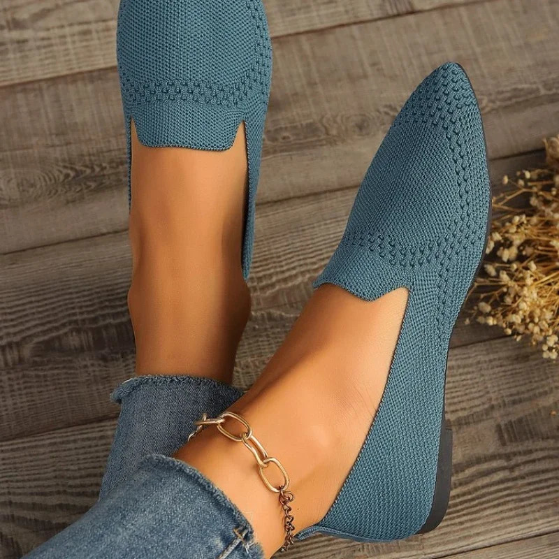 2024 solid color square toe mesh cushioned shallow womens flat shoes soft soled knitted ballet casual boat 241206