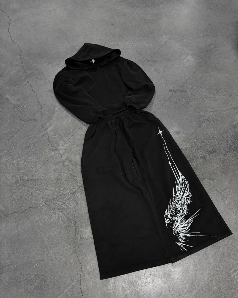 Gothic punk Harajuku Y2K clothing street retro pattern print casual wide leg mens hiphop trend backpack sports pants 241206