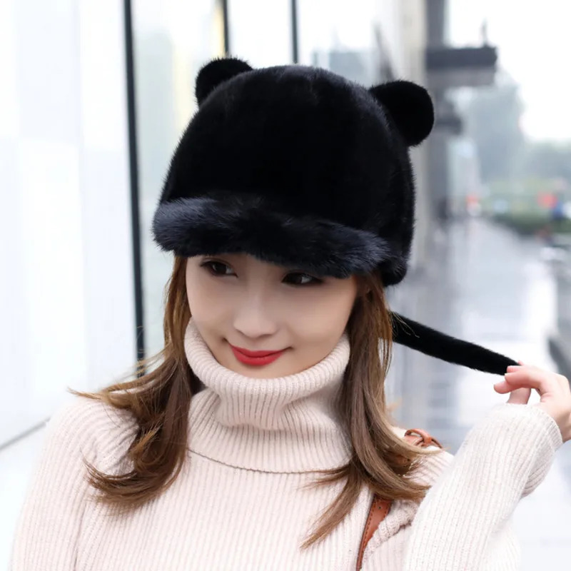 Real mink fur hat cute cat ear hat black small tail fur hat duckbill hat casual ear protection baseball hat 241206
