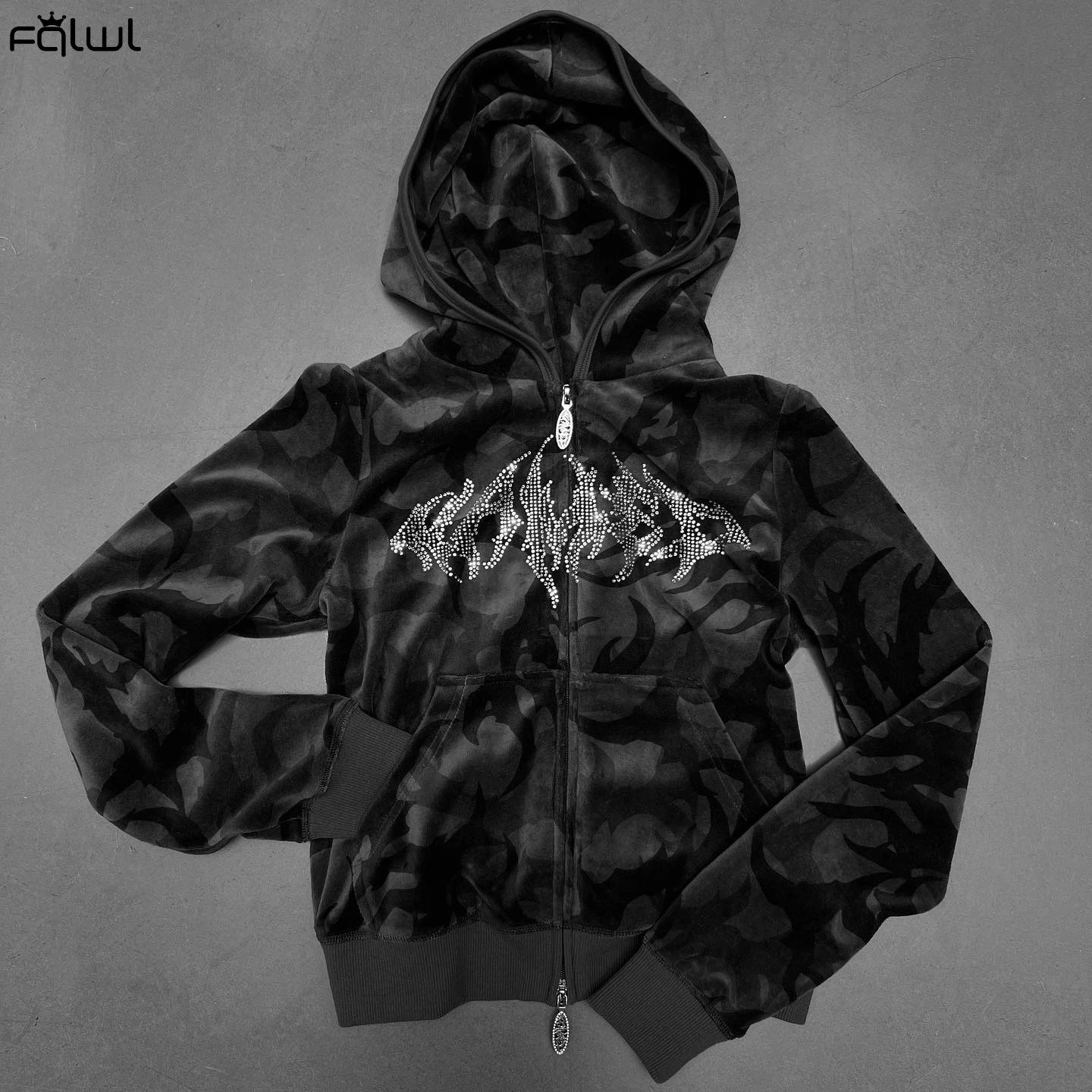 FQLWL autumn Rhinestone casual 2-piece womens track suit Y2K hooded zipper top and drawstring sweatpants 241205