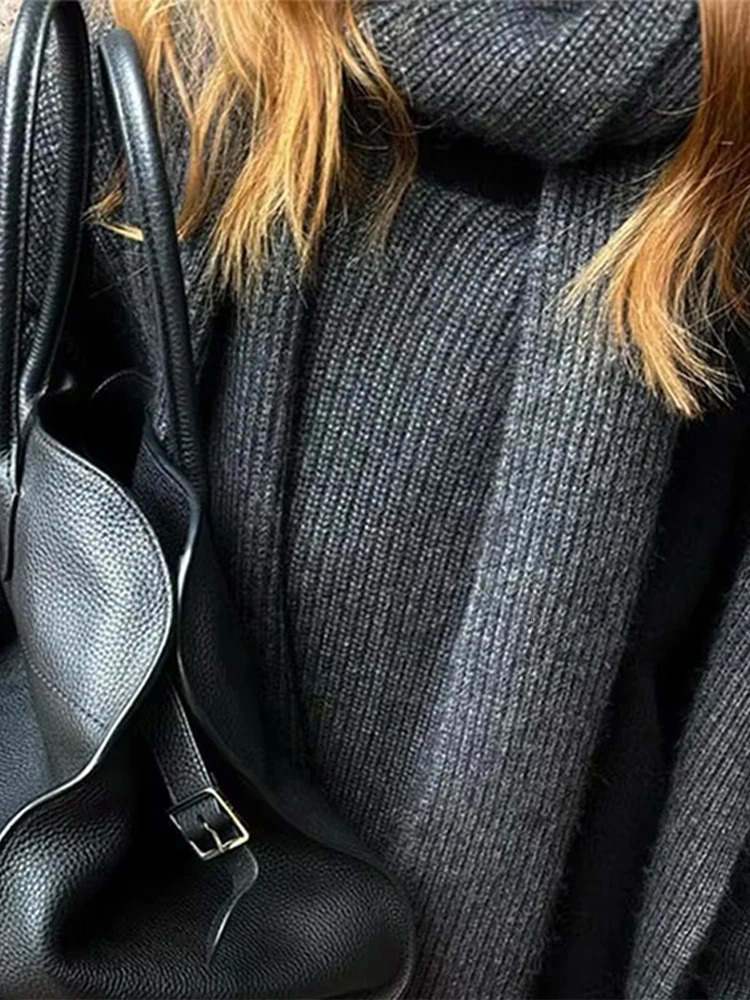 Elegant loose sweater with scarf womens solid full sleeves single chest O-neck womens pull-out fashionable loose womens knitted sweater 241205