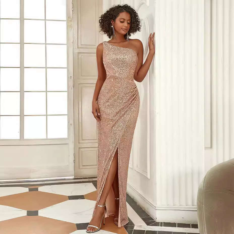 spring and summer banquet design sense, one shoulder sequin gold heavy industry evening women's fishtail dress dress, 2024 temperament versatile 