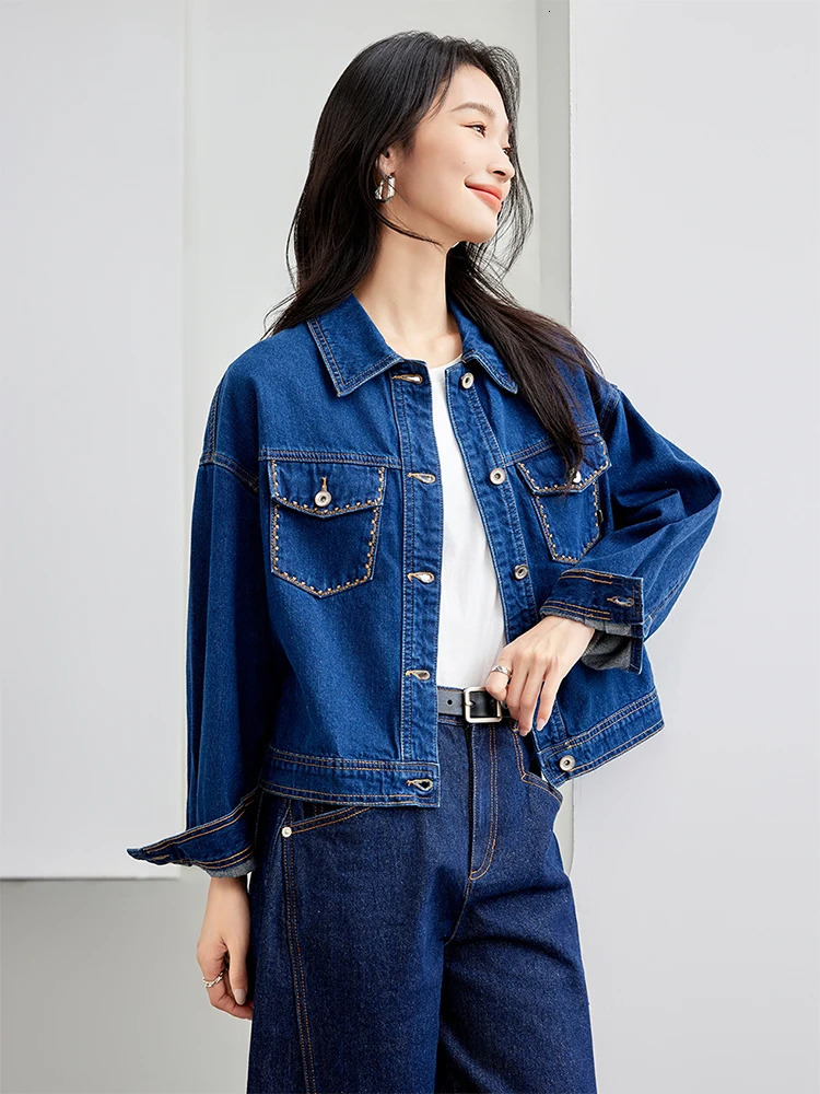Autumn loose short denim jacket retro womens lapel pocket single chest fashionable casual 241206