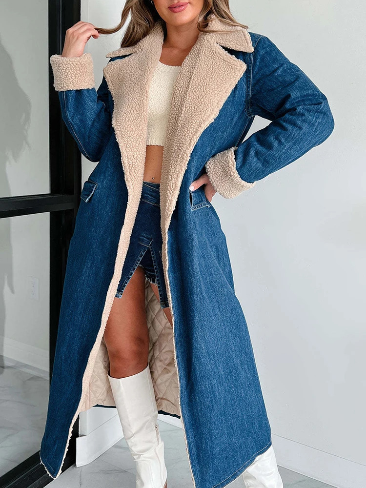 GVUW Collar Denim Womens Long Coat Full Sleeve Open Splicing Pocket 2024 Winter Retro Style Top 17G9092 241206