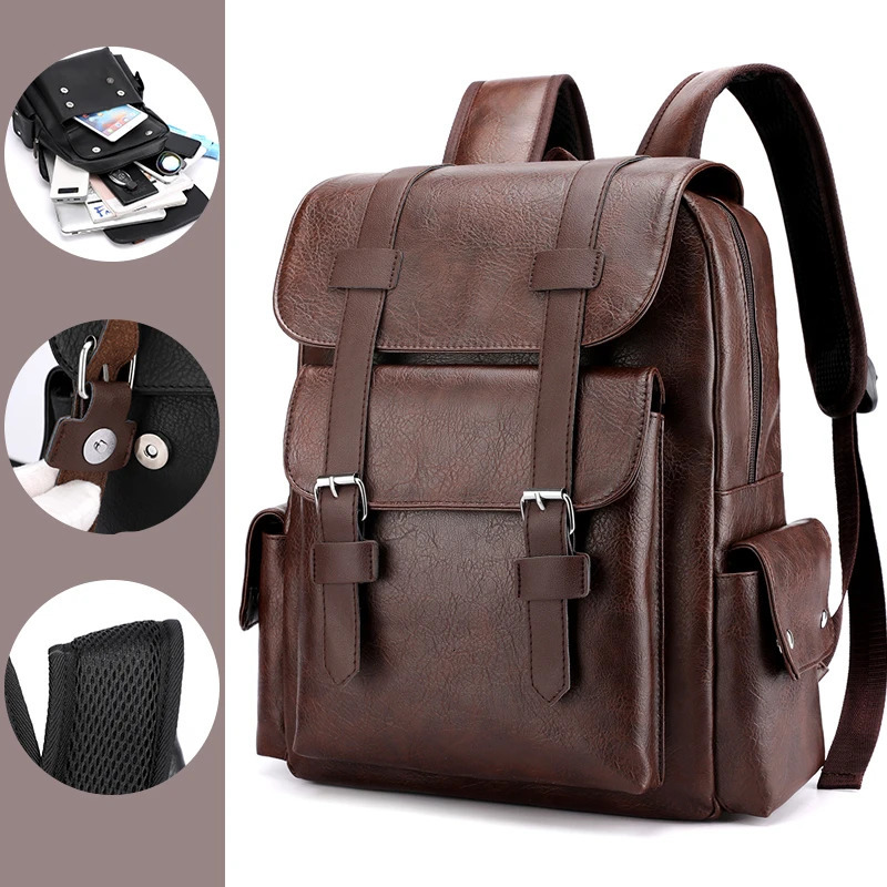 Mens Backpack PU Leather Backpack Large Laptop Backpack Mens Mochilas Black School Bag Teen Boys Brown Sac A Dos 241206