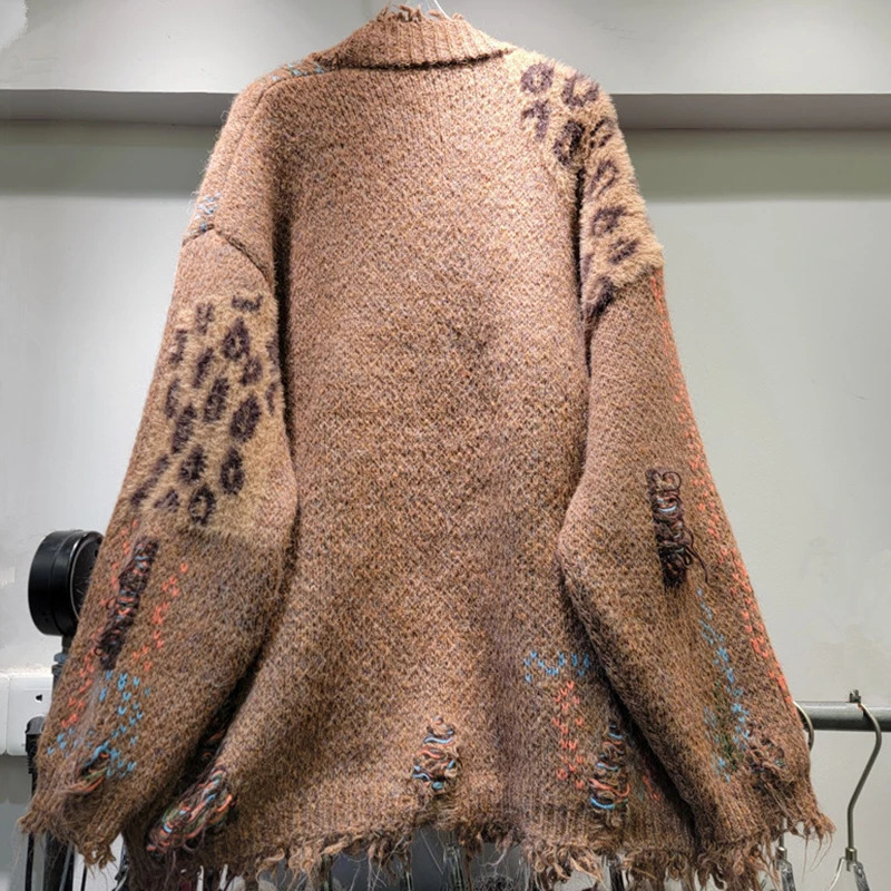 DEAT Fashion Vintage Leopard Print Knit Cardigan Jacket For Women Autumn And Winter Loose Sweater Coat Female 11A01353 241203