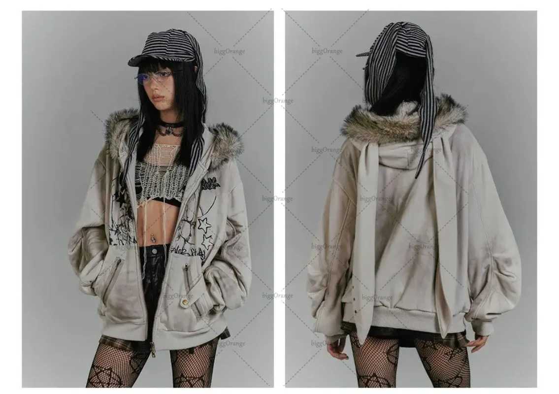 Gothic Dark Harajuku Fur Collar Clothing Personalized Rabbit Ears Hoodie European and American High Stripe Zipper Sweatshirt X241207