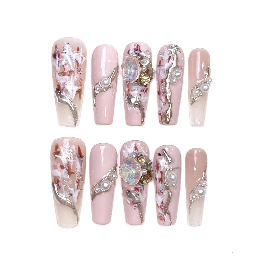 10PCS Hand-painted 3D embossed false nails advanced sparkling retro Fake nails 241206