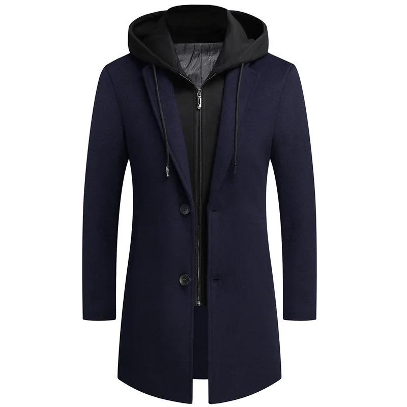 winter wool coat mens fashion double neck thick jacket hat detachable trench coat mens casual wool blend coat mens coat 241204
