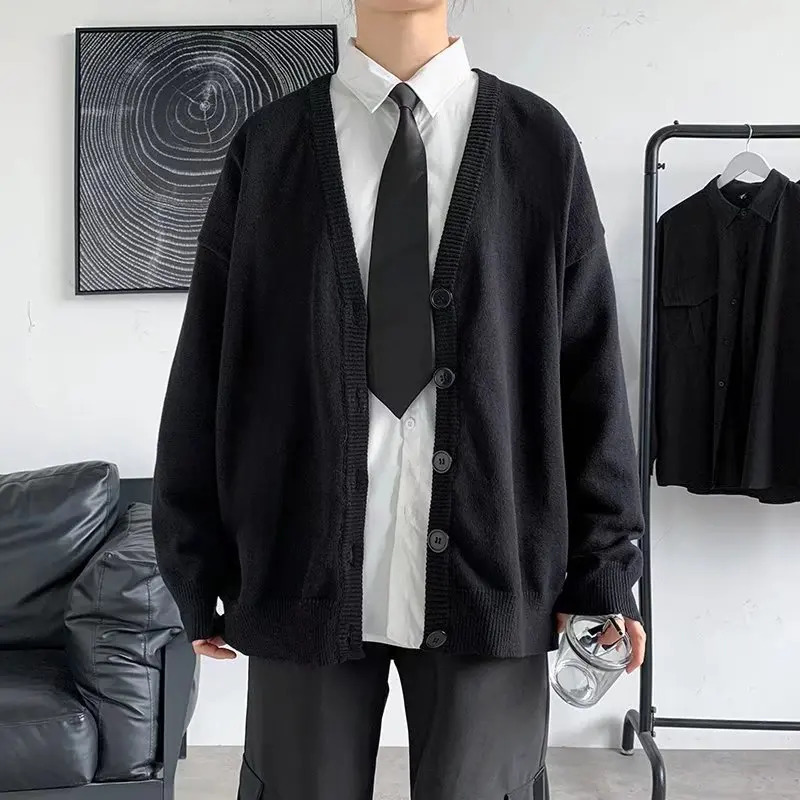 Autumn and winter mens casual Vneck cardigan wool sweater solid color long sleeved jacket single chest loose knit 241206