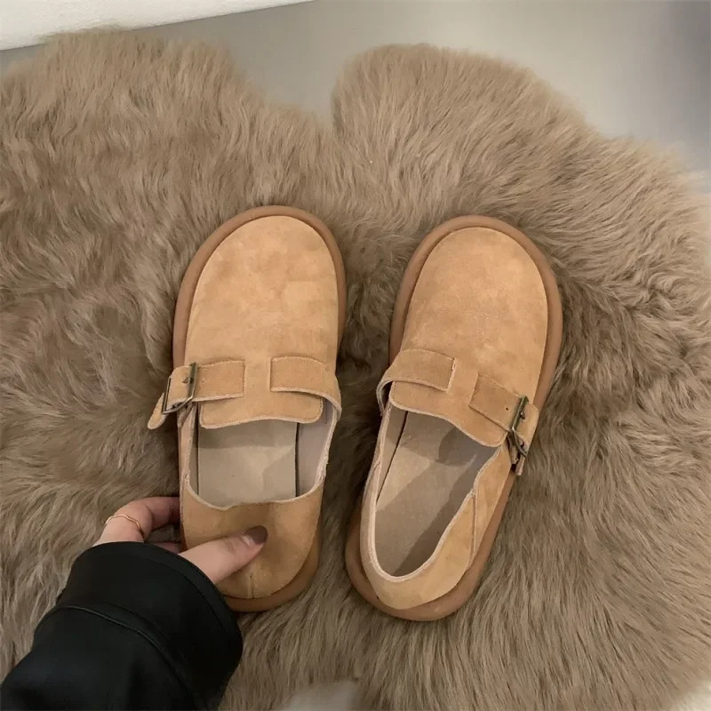 Womens Shoes Sen Series Khaki Flat Shoes French Retro Single Shoes Lefu Shoes Frosted Boken Shoes Autumn and Winter 241206