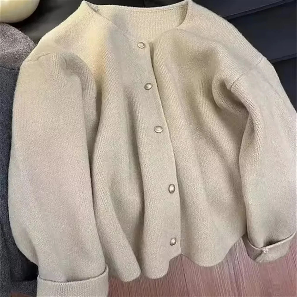 Korean Fashion Round Neck Knitted Cardigan Spring Autumn Casual Long Sleeve Loose Wool Womens Basic Coat Top 241206