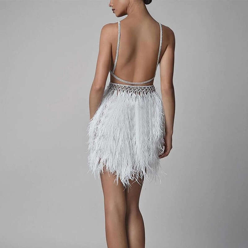 INS autumn winter European and American suspender V-neck feather sexy women's banquet evening dress 2024 temperament versatile new trendy clothin