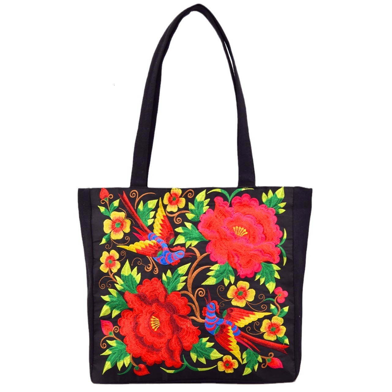 Ethnic embroidered shoulder with large capacity Yunnan women's tote bag, canvas, Chinese style peony handbag, shopping bag