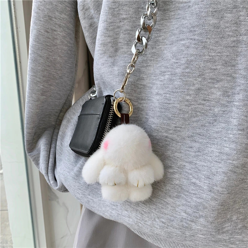 style handmade real mink rabbit charm keychain for women cute plush rabbit keybag for children car key decoration jewelry gifts 241206