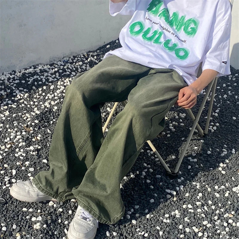 Spring Green Jeans Baggy Distressed Retro Denim Trouser Mens Wide Leg Pants Mens Street Clothing Retro Extra Large Casual Hip Hop 241206
