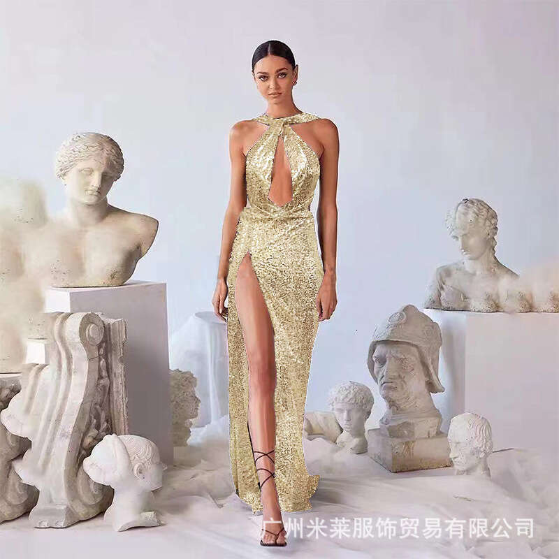 Spring/Summer Sexy Party Bead Irregular Temperament Evening Women's Hanging Neck Dress 2024 New Casual Versatile Fashion Clothing