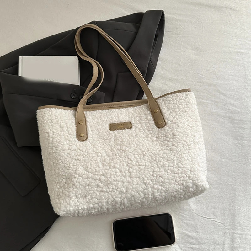 Cashmere womens handbag winter fluffy fur handbag large capacity womens business bag solid color shoulder bag shopping bag 241205