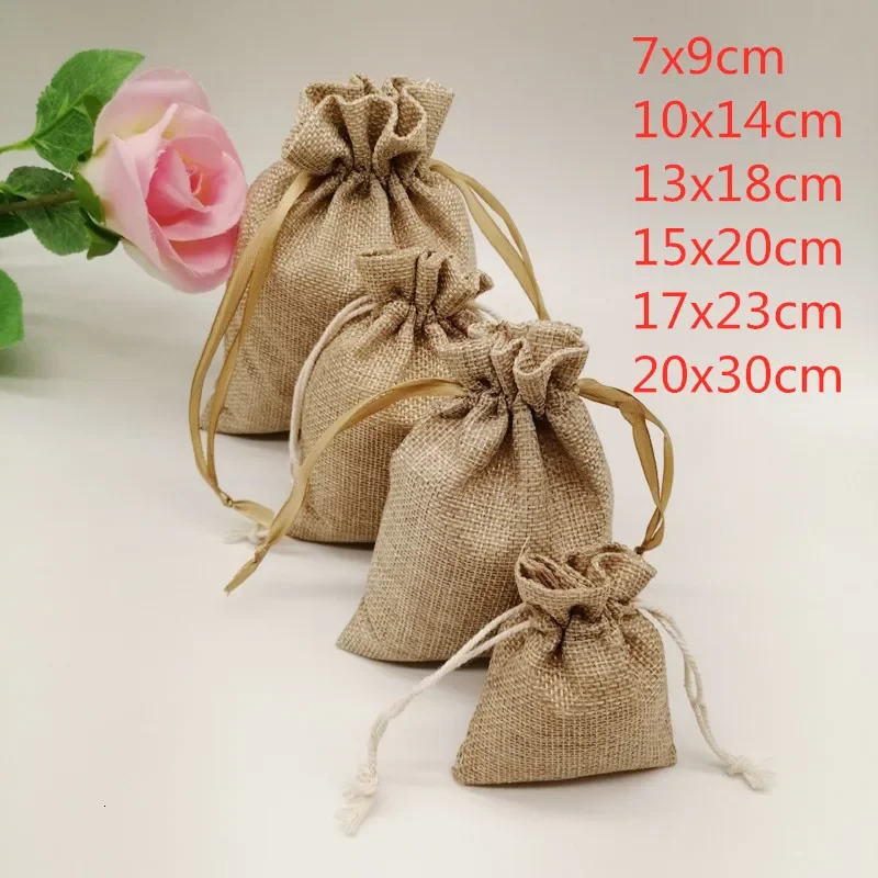 5-20 pieces/batch of natural linen Burlap bags Jute gift bags Drawstring gift bags with handles Gift packaging Party gift bags 241206