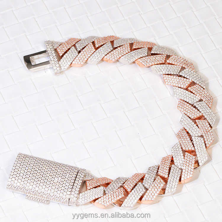 Yy rts 20 mm 4rows diamond cuban bracelet 2 tones plate iced out moissanite bracelets 925 silver fine jewelry bracelets for men