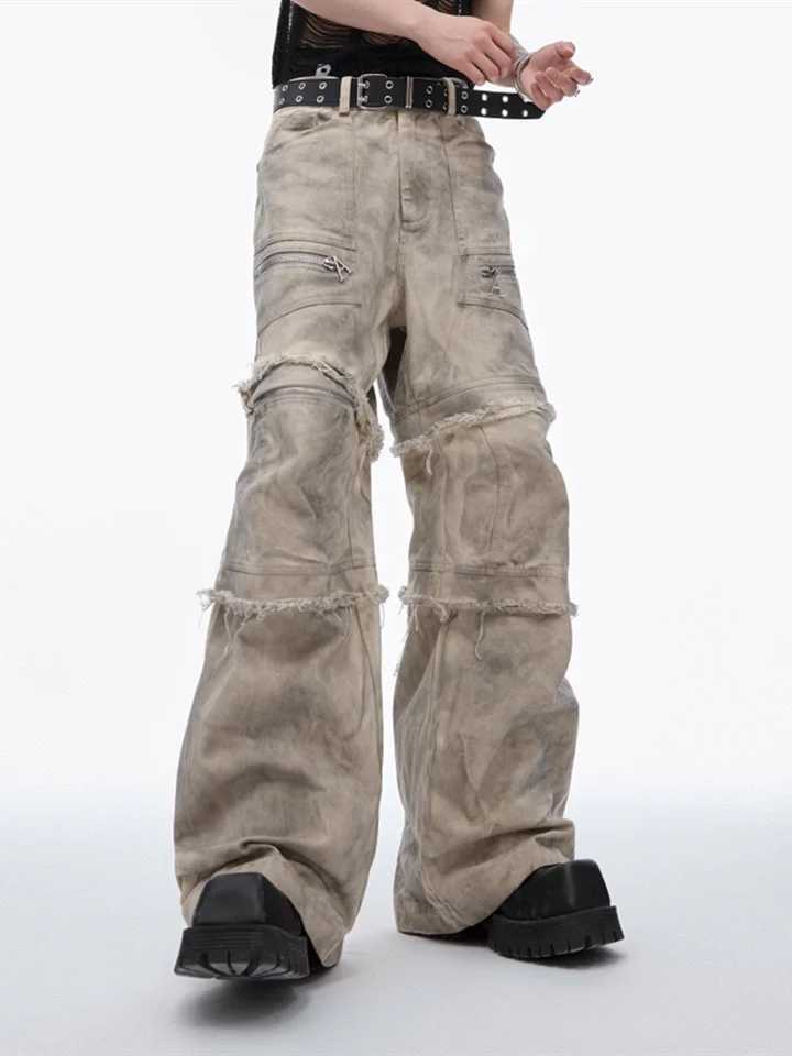 High Quality Ropa Grunge Y2K Streetwear Retro Grey Pocket Stacked Jeans Cargo Pants Mens Wide Leg Gothic Loose Pants T241207