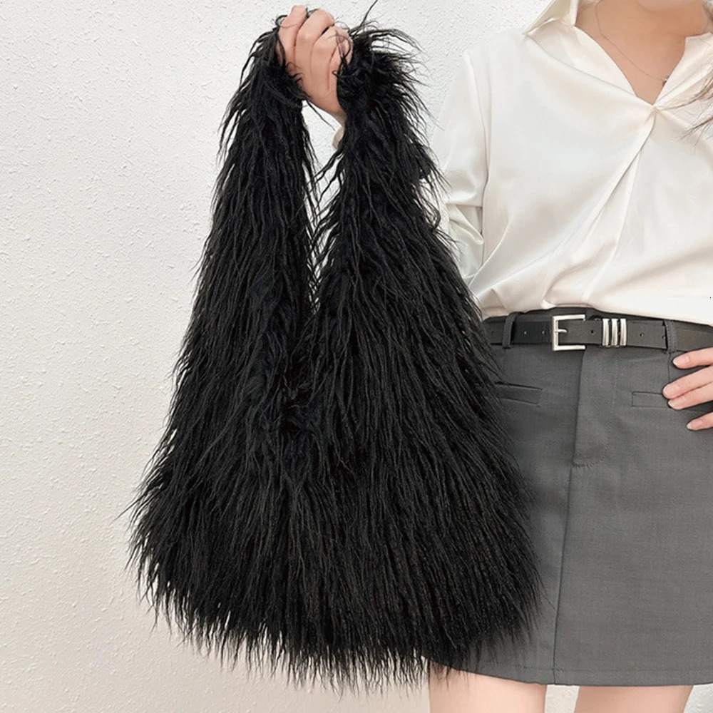 Winter soft synthetic fur bag large fluffy shoulder bag long Lanmswo womens er handbag warm shopping bag 241206