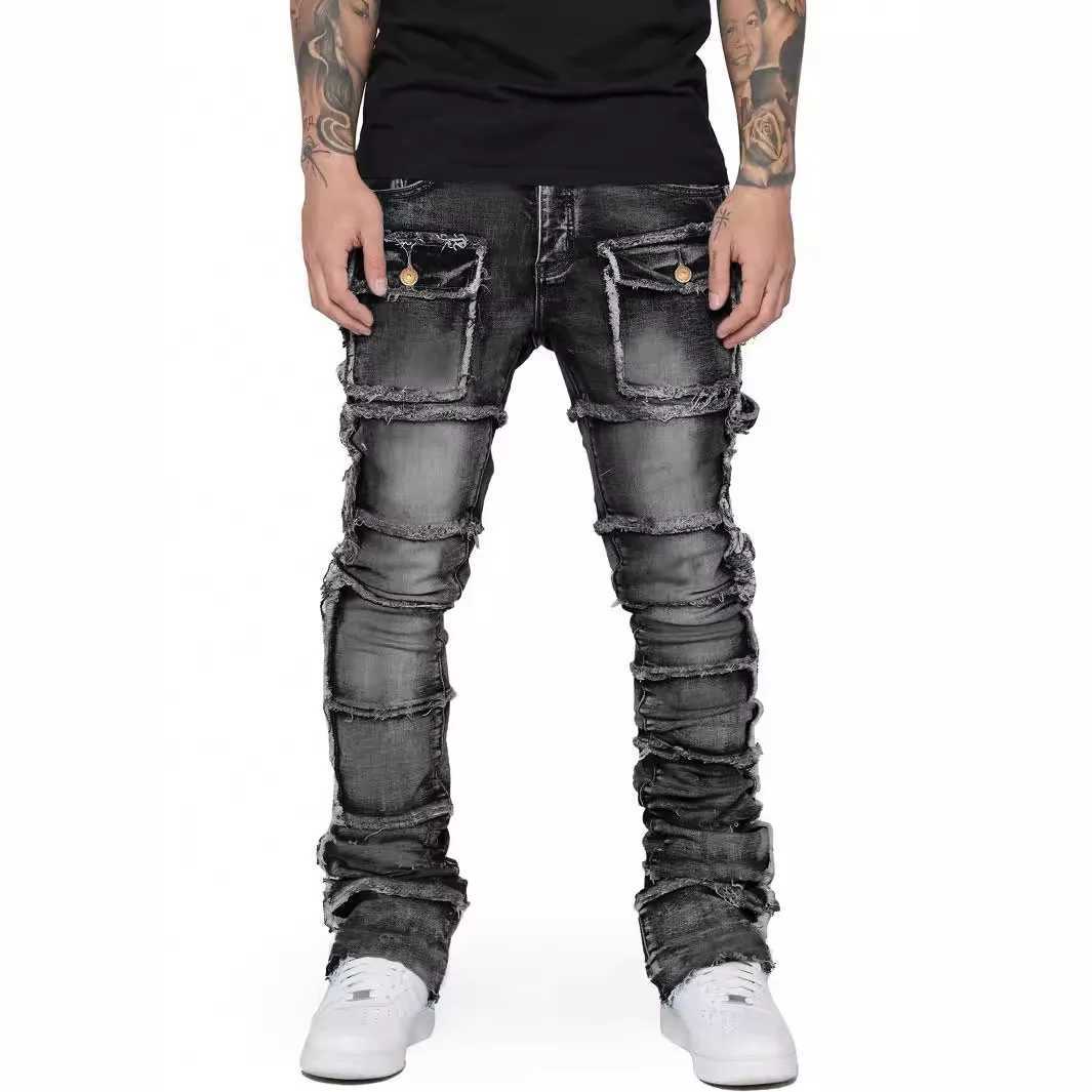 Retro Stretch Patchwork Mens Cargo Pants Distressed Button Pockets Denim Straight Trousers Fashionable Vintage Male Streetwear M250610