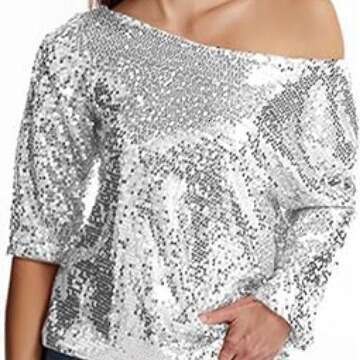 European and American style loose slanted shoulder short sleeved casual sequin deep V-shirt 2024 temperament versatile new trendy clothing ins