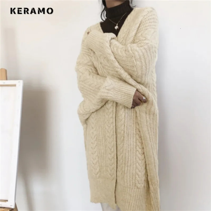 Womens Vintage Solid Color Knitting Long Sleeve Vneck Baggy Cardigans Winter Fashion Casual Oversized Sweater Top 241203